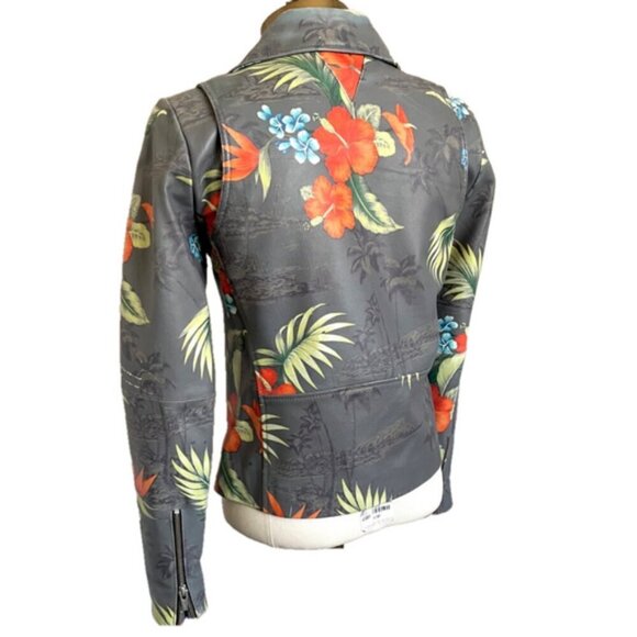 Veda Gray Tropical Print Leather Biker Jacket - Small - Picture 9 of 12